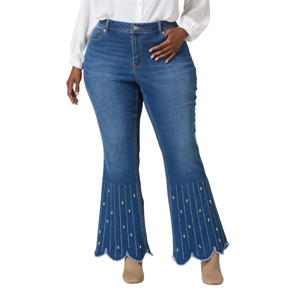 C Est. 1946 Denim High Rise Flare Jeans Size 12P Embellished Scalloped Frayed